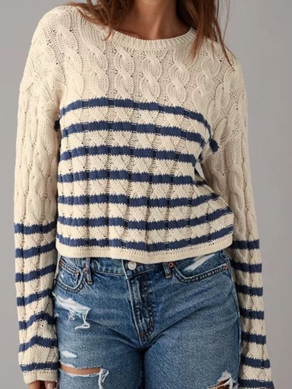 American Eagle Cream & Navy Stripe Cable-Knit Cropped Women's Sweater